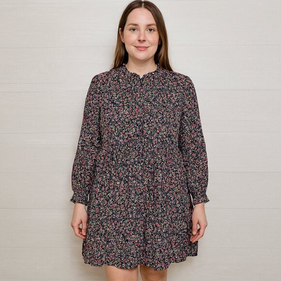 J. Crew Dresses & Skirts - J. Crew Women's Pink and Purple Floral Print Long Sleeve Tiered Mini Dress